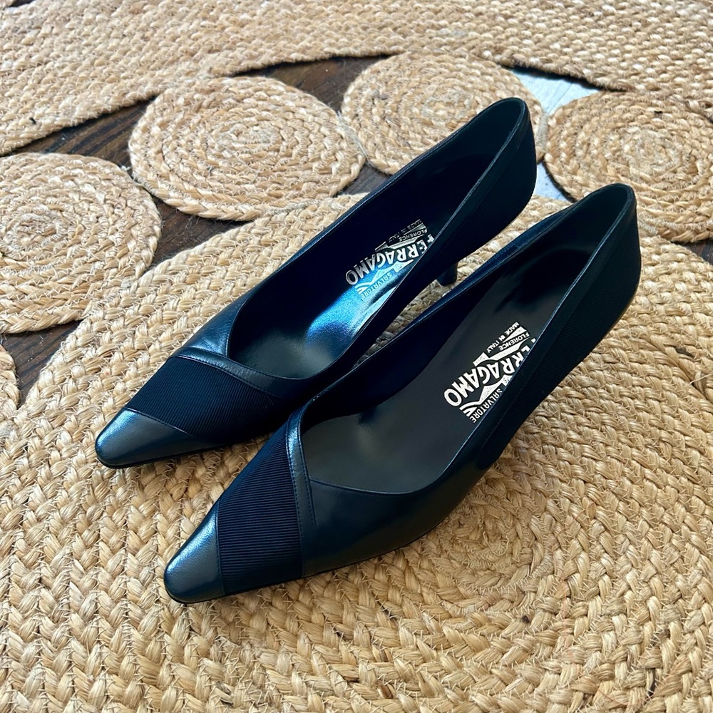Ferragamo Navy Blue Pointy Toe Kitten Heels